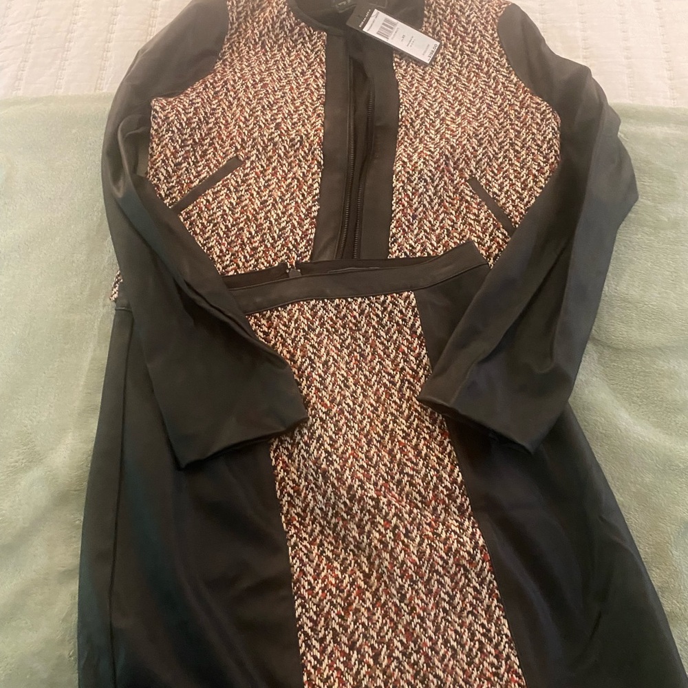 Bcbgmaxazria tweed and faux leather jacket skirt set